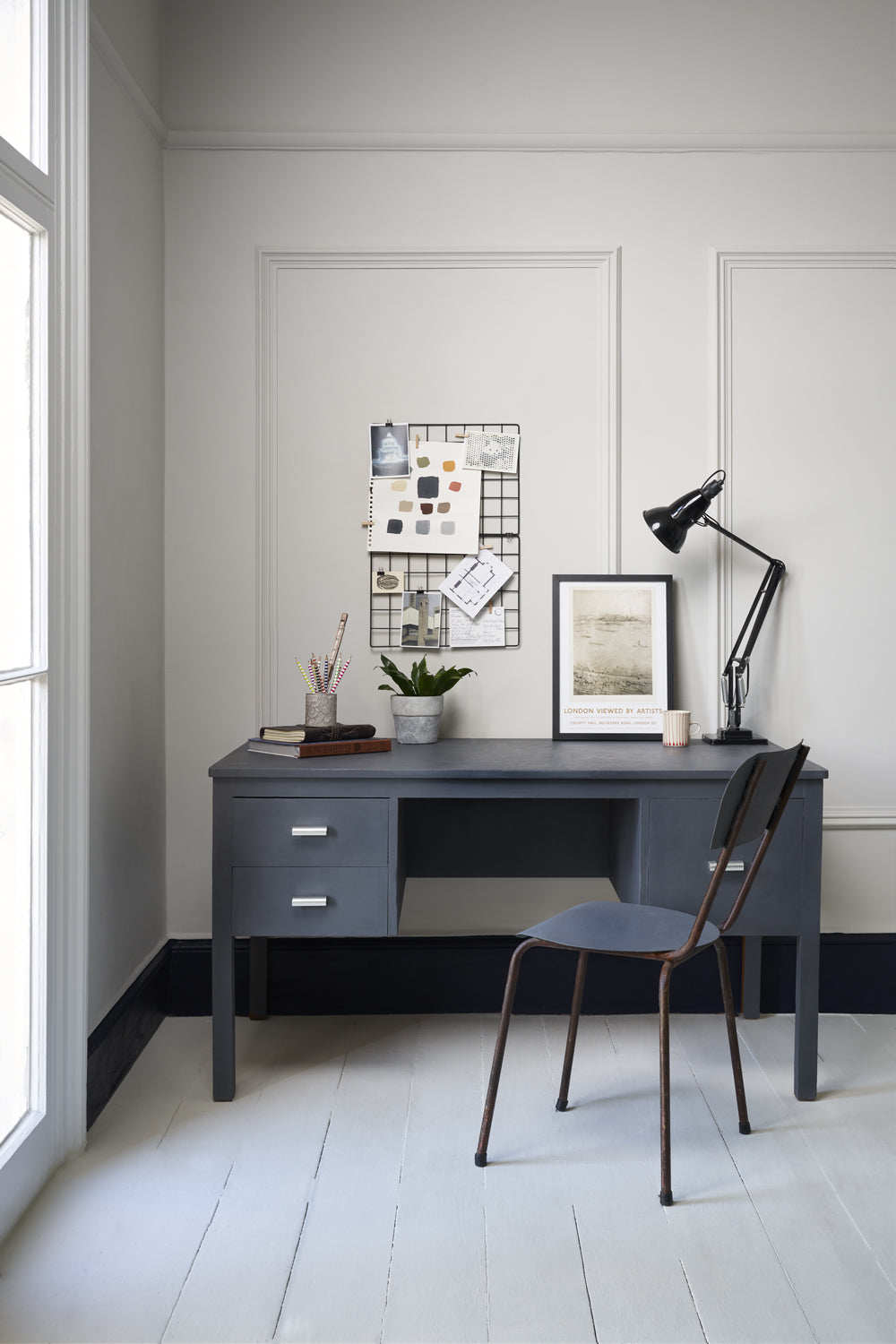 Modern home office desk and chair painted using Annie Sloan Chalk Paint in colour Whistler Grey